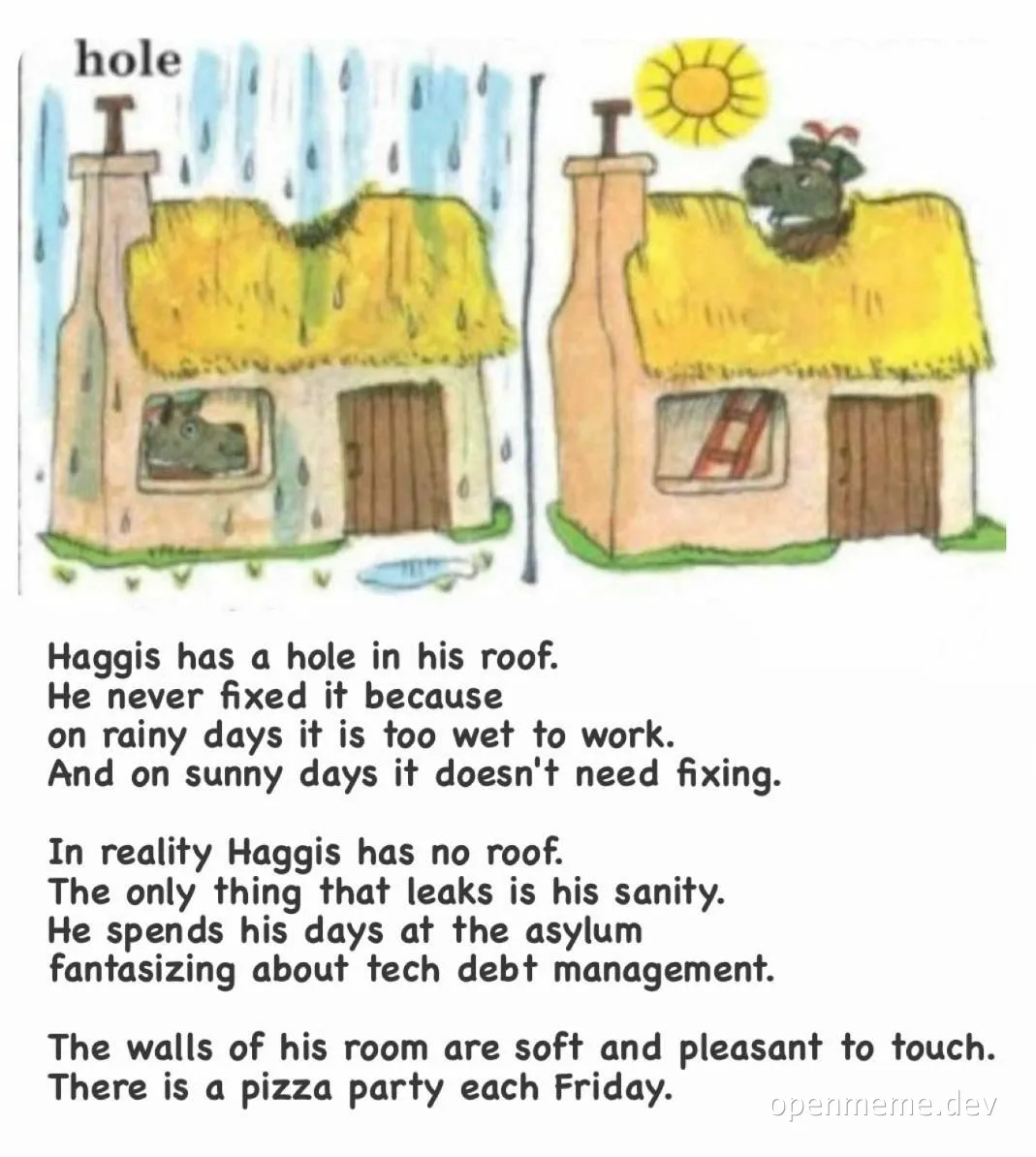 Haggis house with hole in roof meme