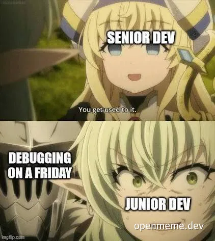 Meme of senior and junior developer reaction to debugging on a Friday