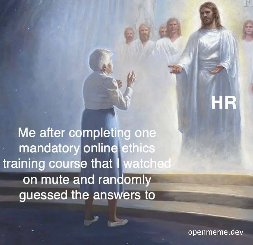 Religious painting of a woman facing a glowing robed figure labeled HR, captioned about faking a mandatory online ethics training course
