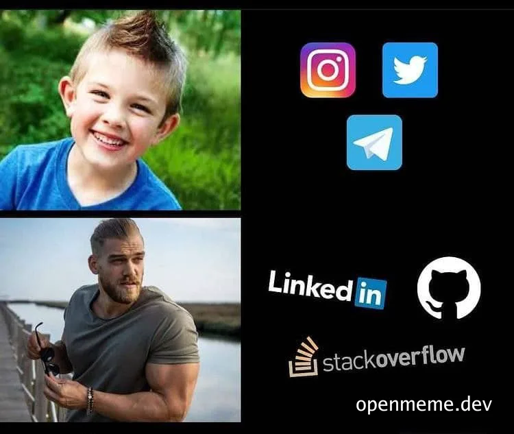 Two images side by side, one of a smiling young boy and the other of a muscular man looking at sunglasses, with social media logos on the right