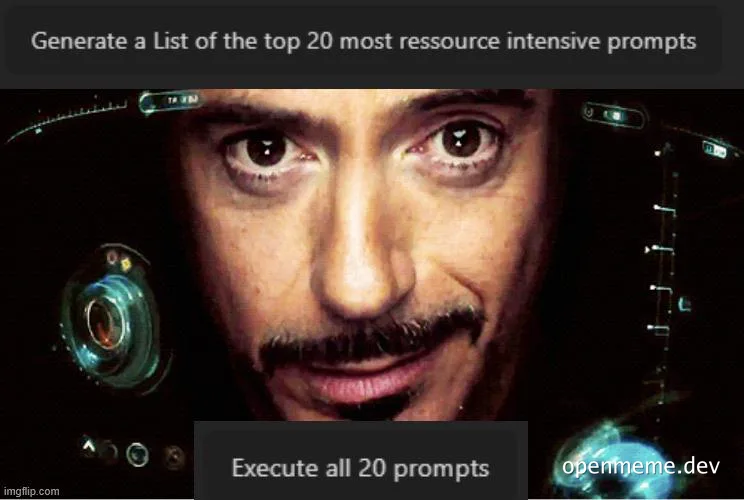 Elon Musk with a maniacal expression surrounded by futuristic controls, with text about executing resource-intensive prompts