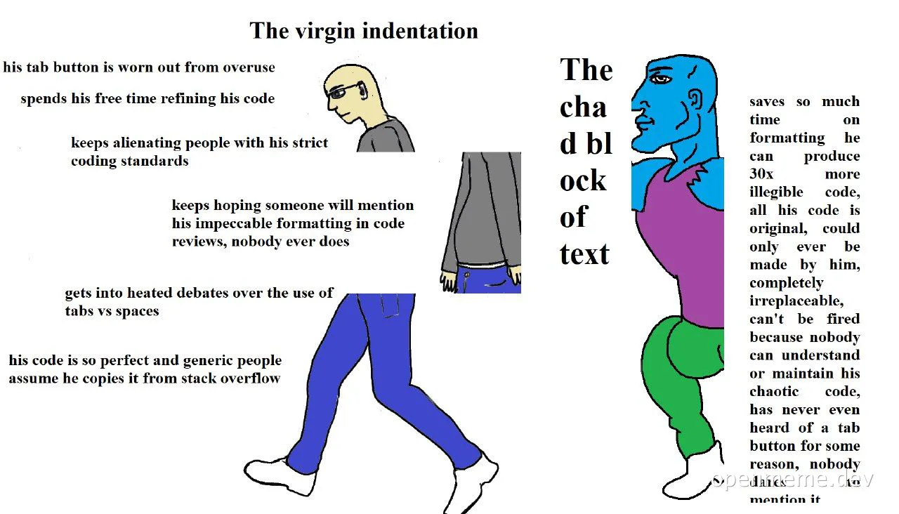 The virgin indentation meme comparing a developer with strict coding standards to a colleague who writes illegible code
