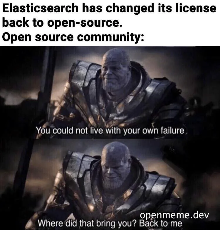 Thanos meme about Elasticsearch license change