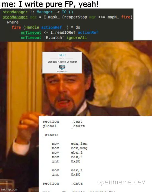 a man with a shocked expression and a piece of paper on his forehead with the Glasgow Haskell Compiler logo, with code snippets in the background