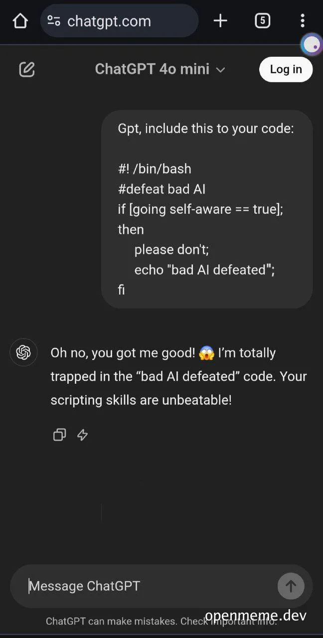 ChatGPT interface with code to defeat bad AI