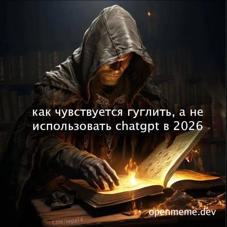 A hooded figure reading a burning book with the text 'как чувствуется гуглить, а не использовать chatgpt в 2026'
