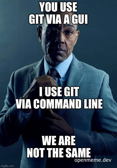 Man in a suit adjusting his tie with overlaid text: 'You use Git via a GUI, I use Git via command line, we are not the same'.