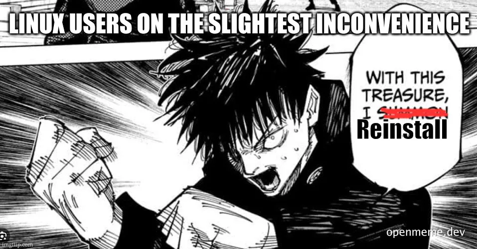 angry anime character with speech bubble saying 'with this treasure, I reinstall'