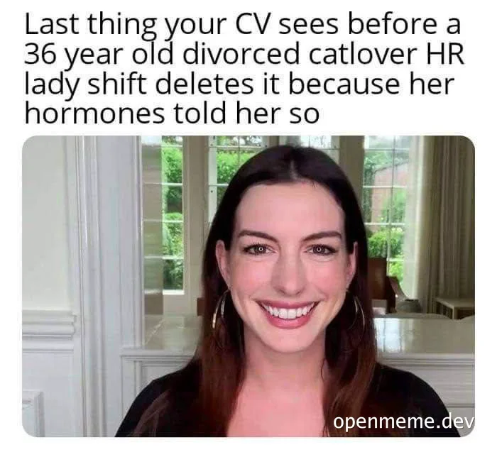 Smiling woman with caption about HR lady deleting CV