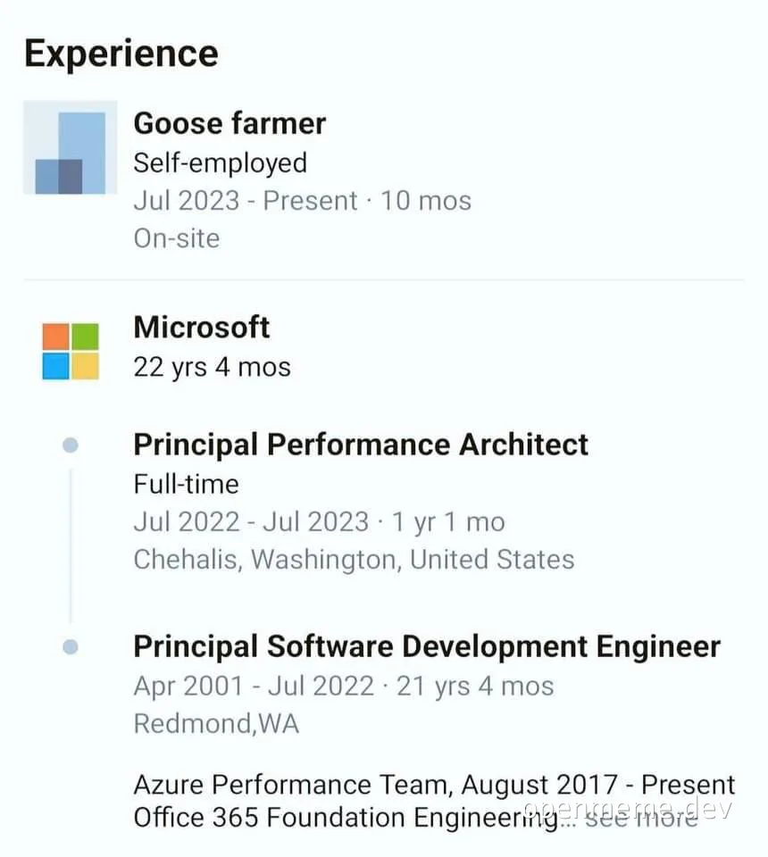 Goose farmer then Microsoft engineer resume joke