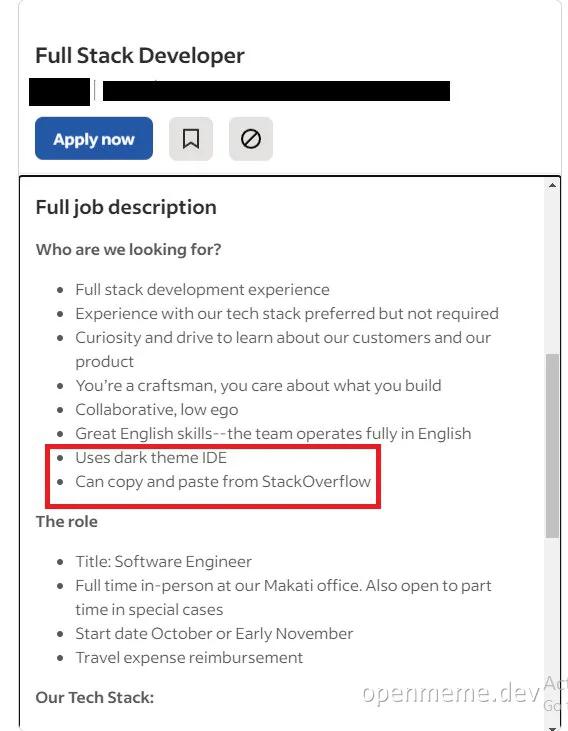 job listing with highlighted requirement to copy and paste from StackOverflow