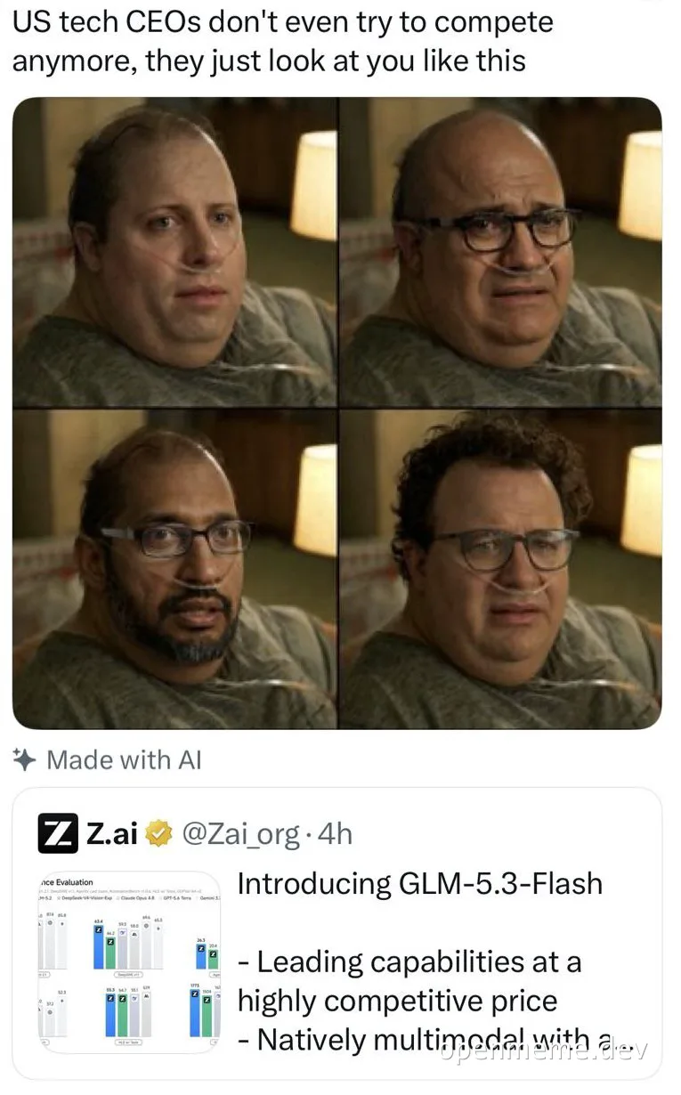 Grid of four images showing Elon Musk, Jeff Bezos, Satya Nadella, and Mark Zuckerberg with confused facial expressions, above a tweet about Z.ai GLM-5.3-Flash.