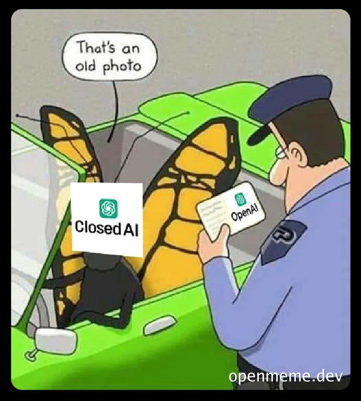 Cartoon police officer comparing OpenAI and Closed AI licenses with butterfly effect meme