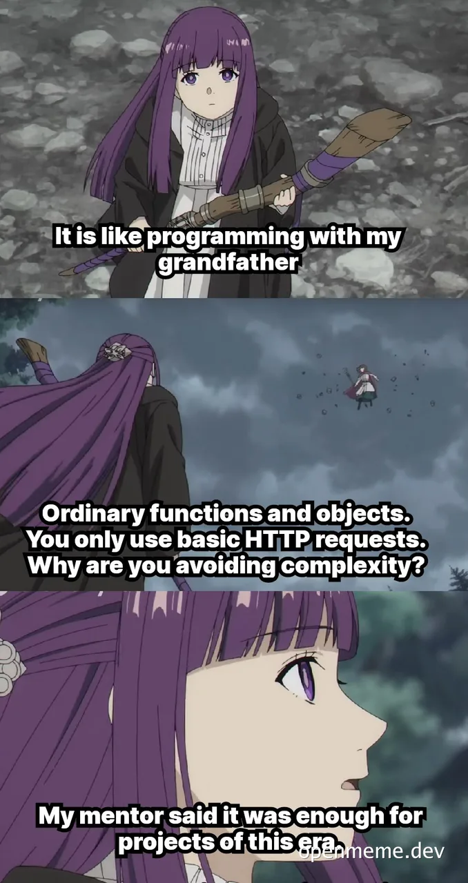 Anime character Fushihara from Frieren looking at a distant figure, captioned about programming with a grandfather and avoiding complexity.
