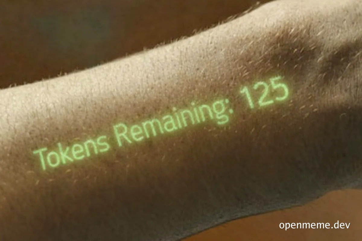 Close-up of an arm with green glowing text projected onto it reading 'Tokens Remaining: 125'.
