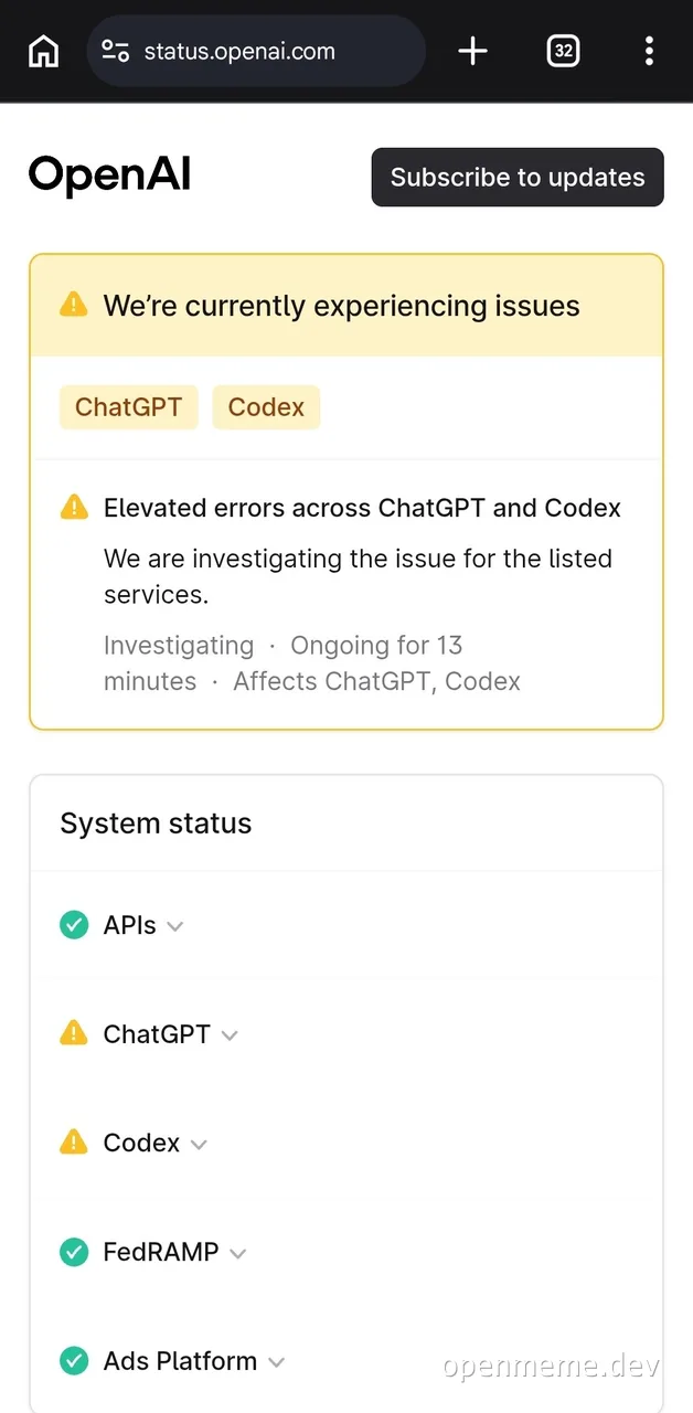 OpenAI status page showing a yellow warning that ChatGPT and Codex have elevated errors, captioned 'Coding is solved'