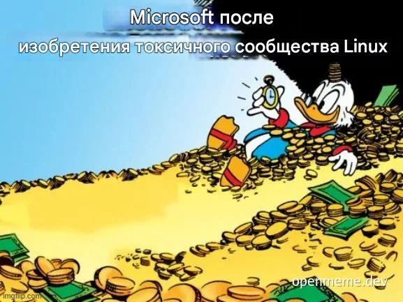 Scrooge McDuck swimming in gold coins with a shocked expression, with text about Microsoft and Linux