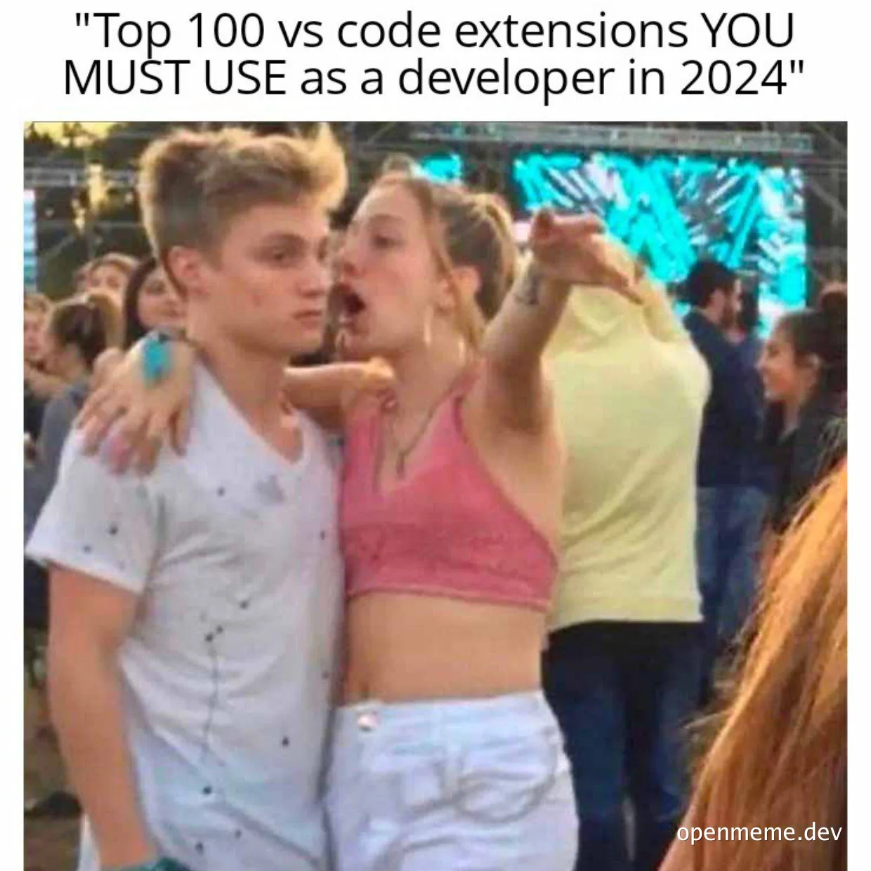 funny meme about top 100 vs code extensions for developers in 2024