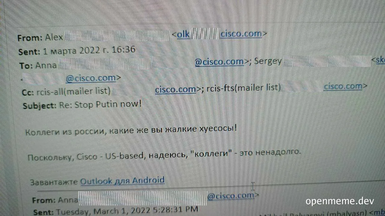 Email screenshot of insulting message to Russian colleagues