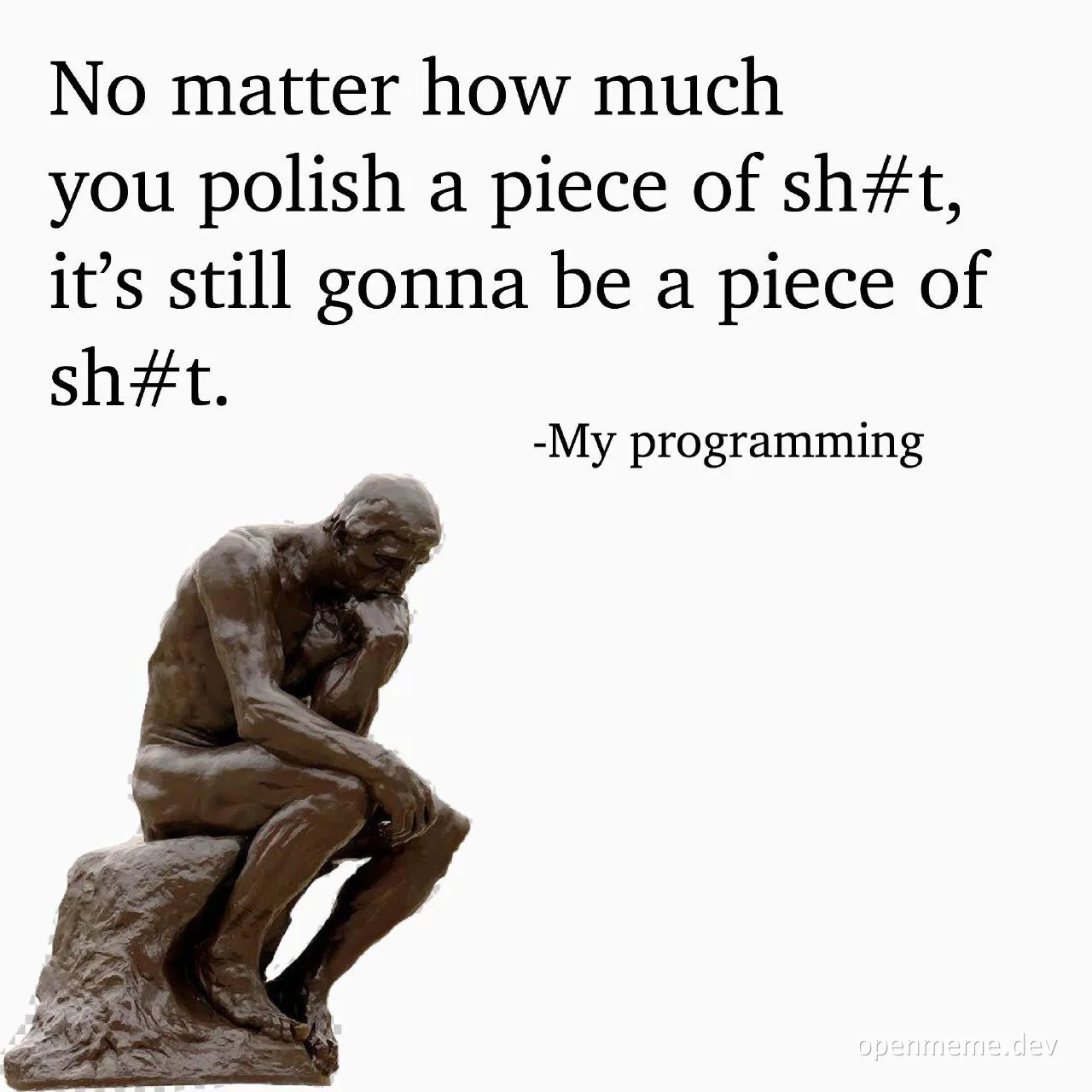The Thinker statue with a quote about programming