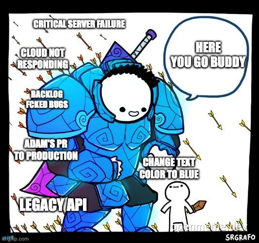 Cartoon character in blue armor with speech bubble saying 'here you go buddy' amidst server failure and coding issues