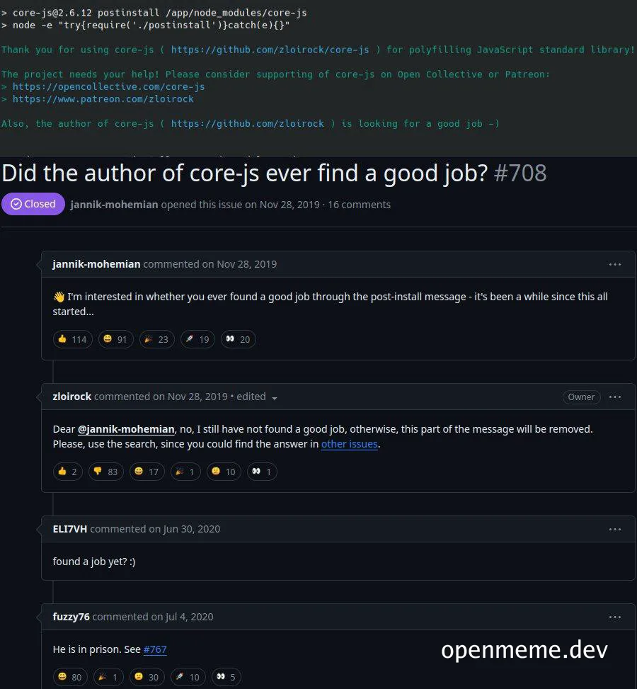 Did the author of core-js ever find a good job?