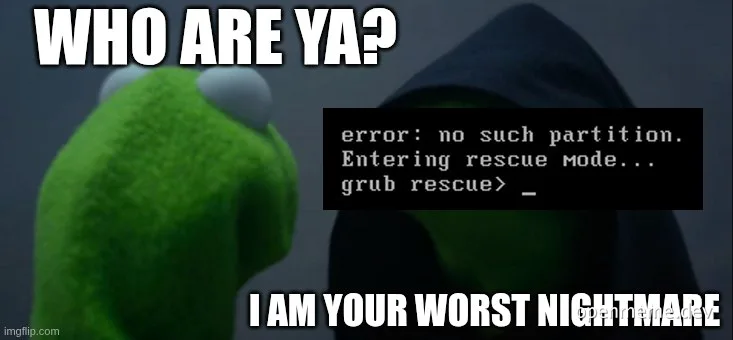 Kermit the Frog and a hooded figure with a computer error message