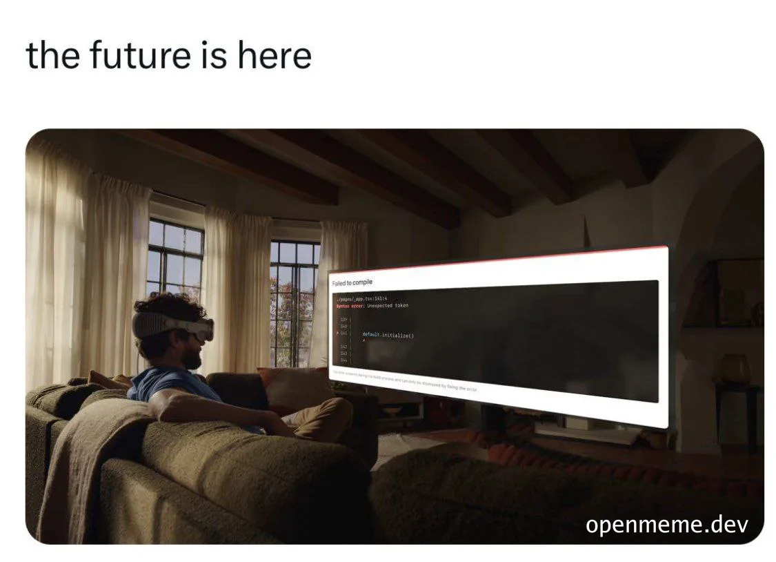 man wearing VR headset sitting on couch with error message on TV screen