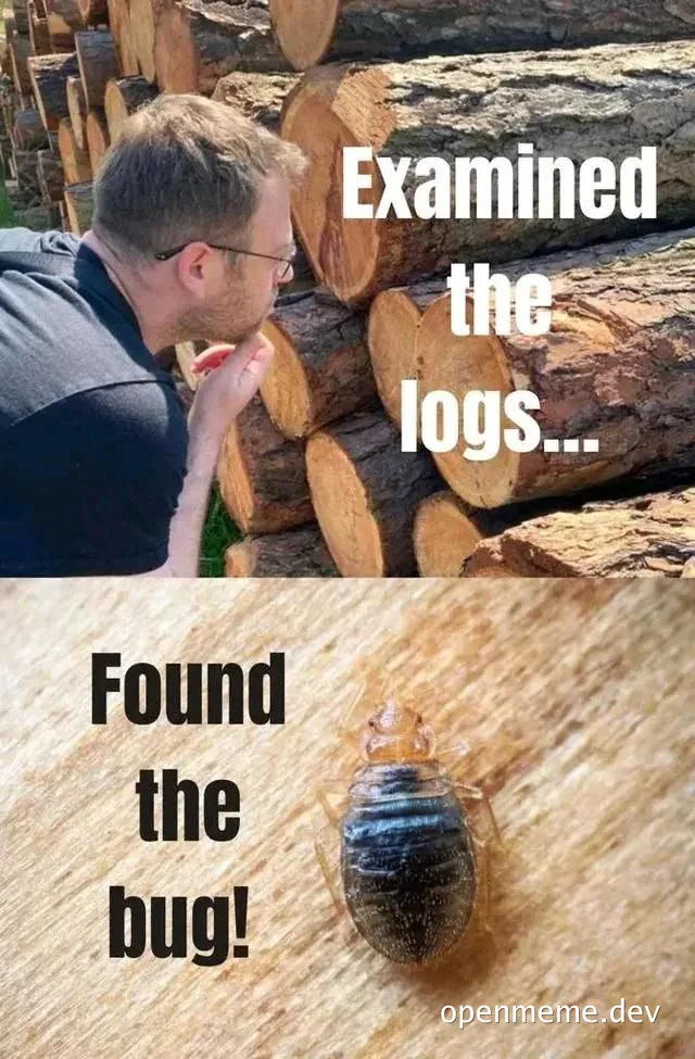 a man examining logs next to a picture of a bug on a log