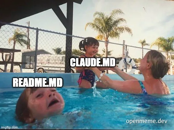 Meme image of a drowning child labeled README.md and a saved child labeled CLAUDE.md in a pool.