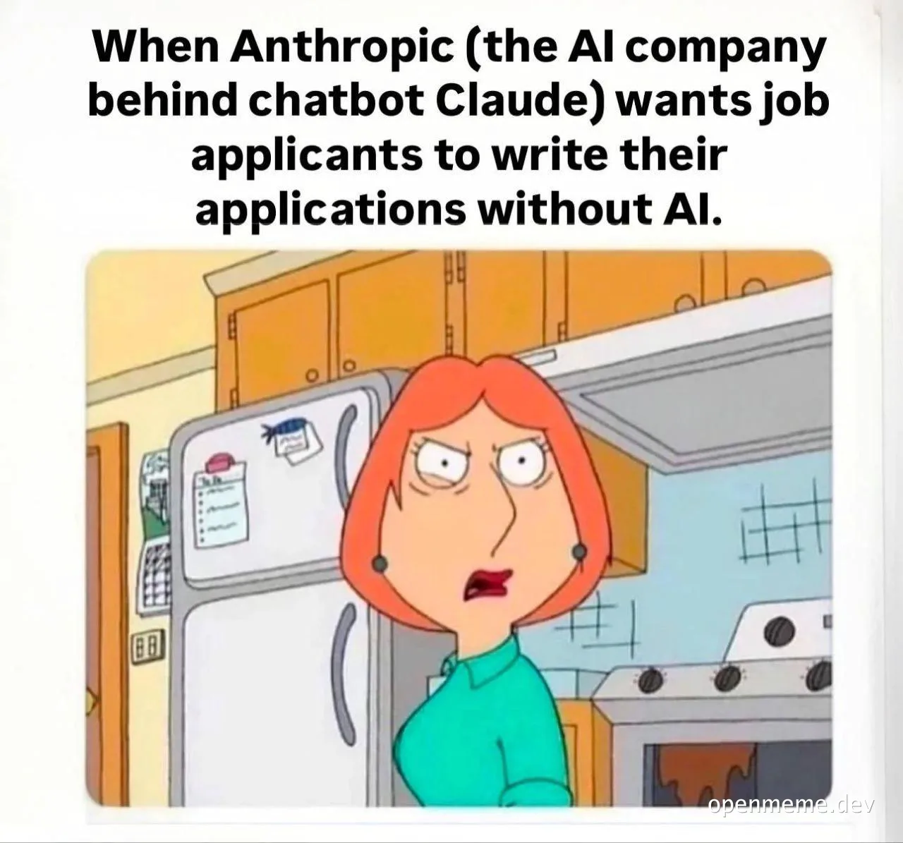 Angry cartoon woman in a kitchen reacting to the text: When Anthropic (the AI company behind chatbot Claude) wants job applicants to write their applications without AI.