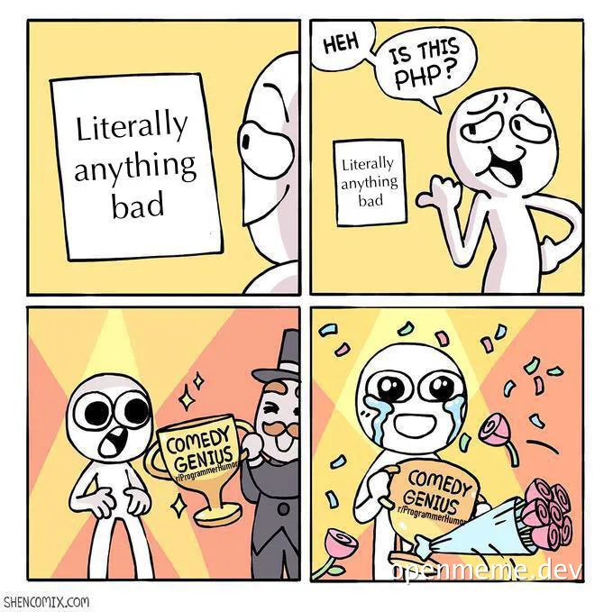 cartoon comic strip about a programmer who is awarded for making a joke about php being bad