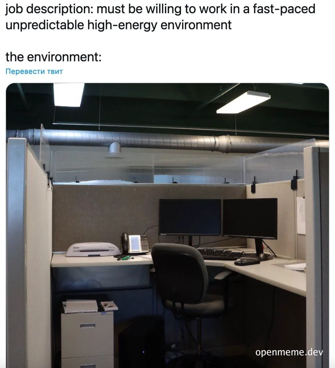 Meme showing a job description for a high-energy environment contrasted with a photo of a quiet, empty office cubicle.