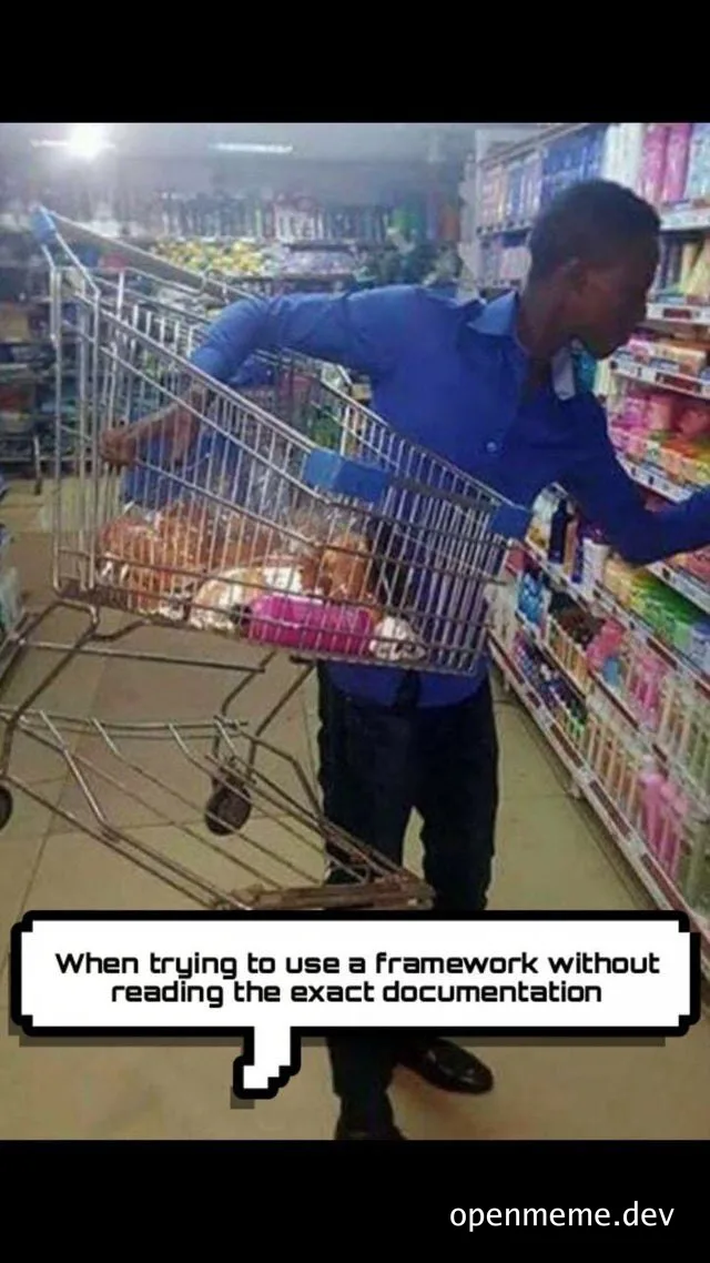 man struggling with a deformed shopping cart in a store aisle