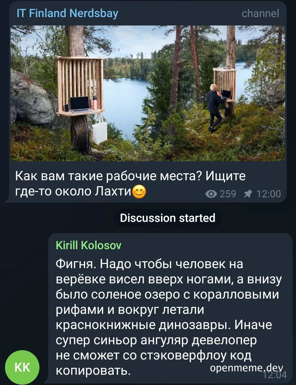 a man working on a laptop in a treehouse by a lake
