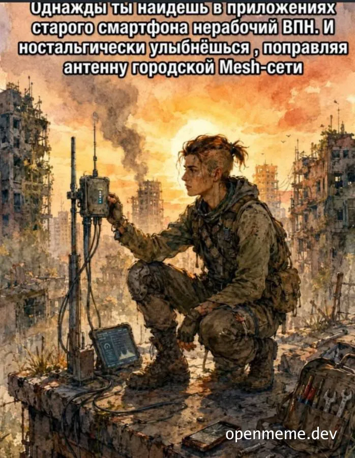 A character in a ruined city repairs a Mesh network antenna, with a broken smartphone and tools nearby.