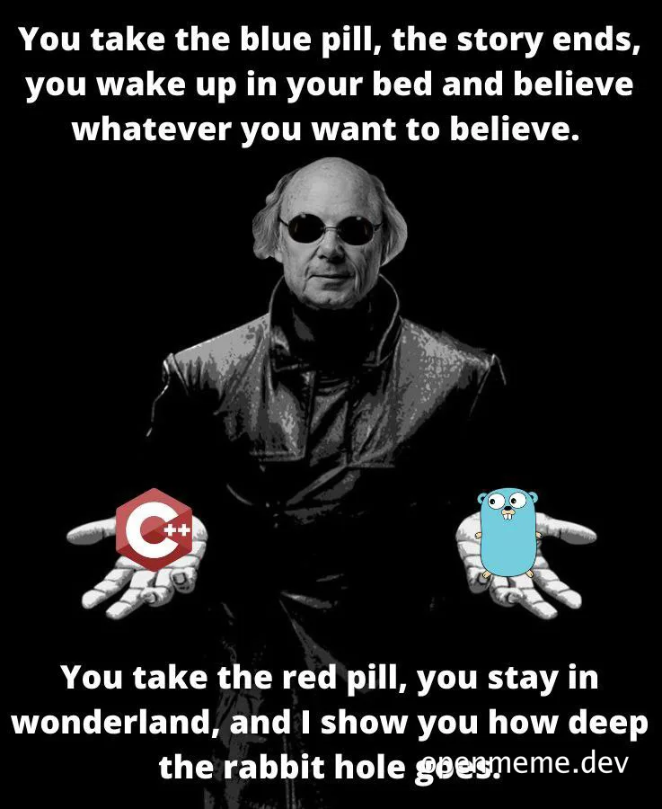 Morfeus from The Matrix holding C++ and Rust logos