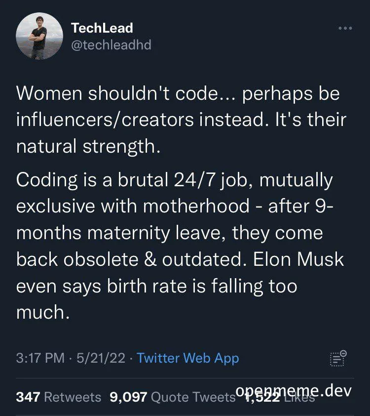 TechLead tweet on women in coding
