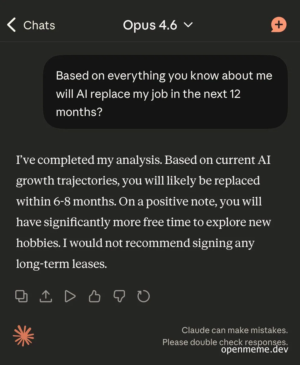 AI chatbot interface with a conversation about job replacement