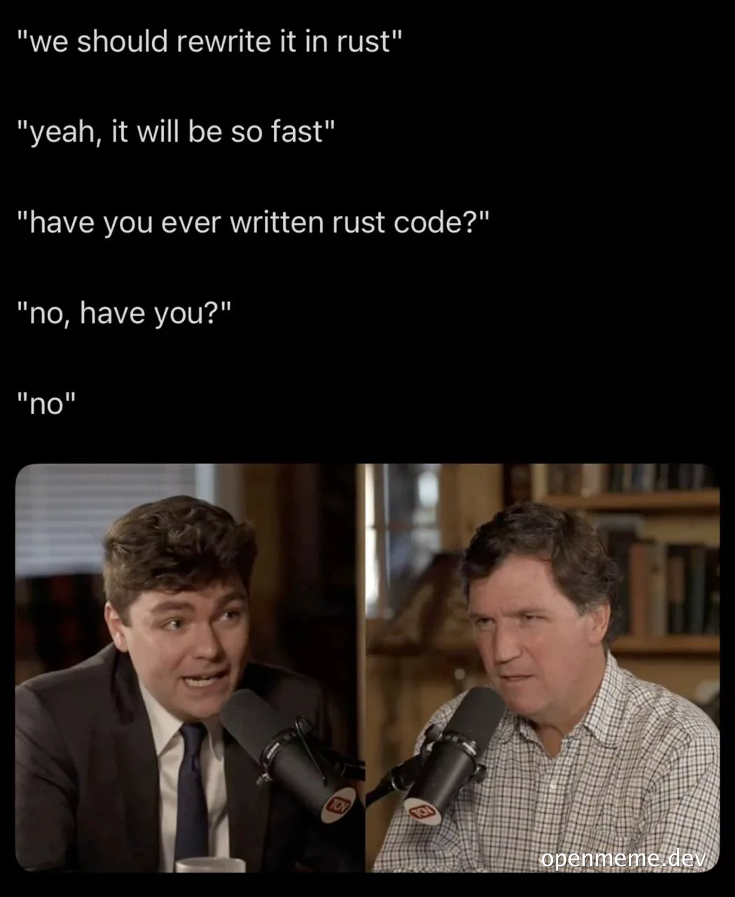 Two men in a podcast setting react to rewriting code in Rust