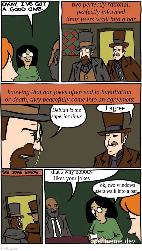 cartoon comic of linux users telling jokes