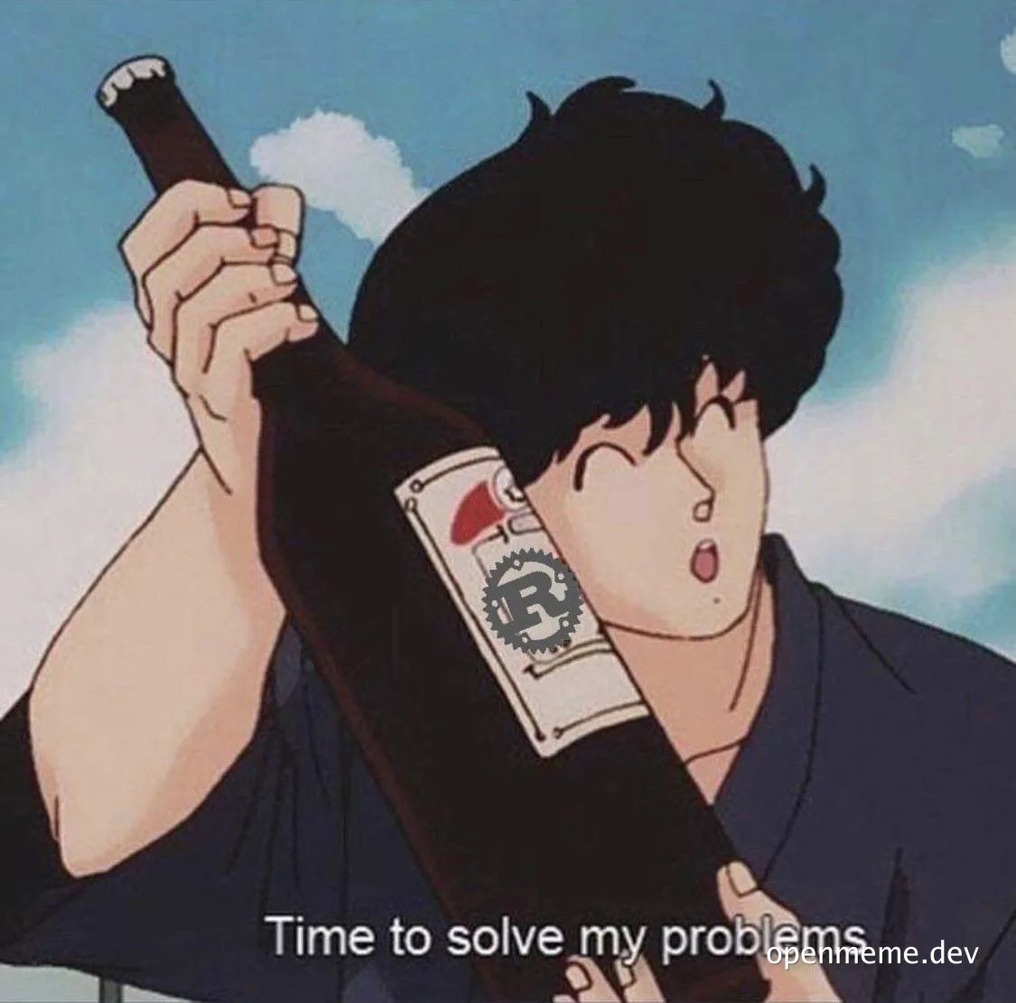 Cartoon character holding a bottle of alcohol with a humorous expression