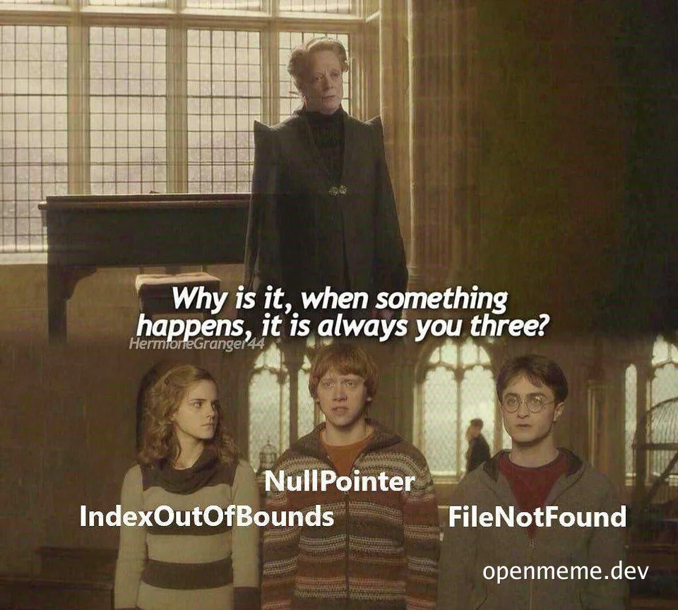 Harry Potter scene with professors and students labeled with programming errors