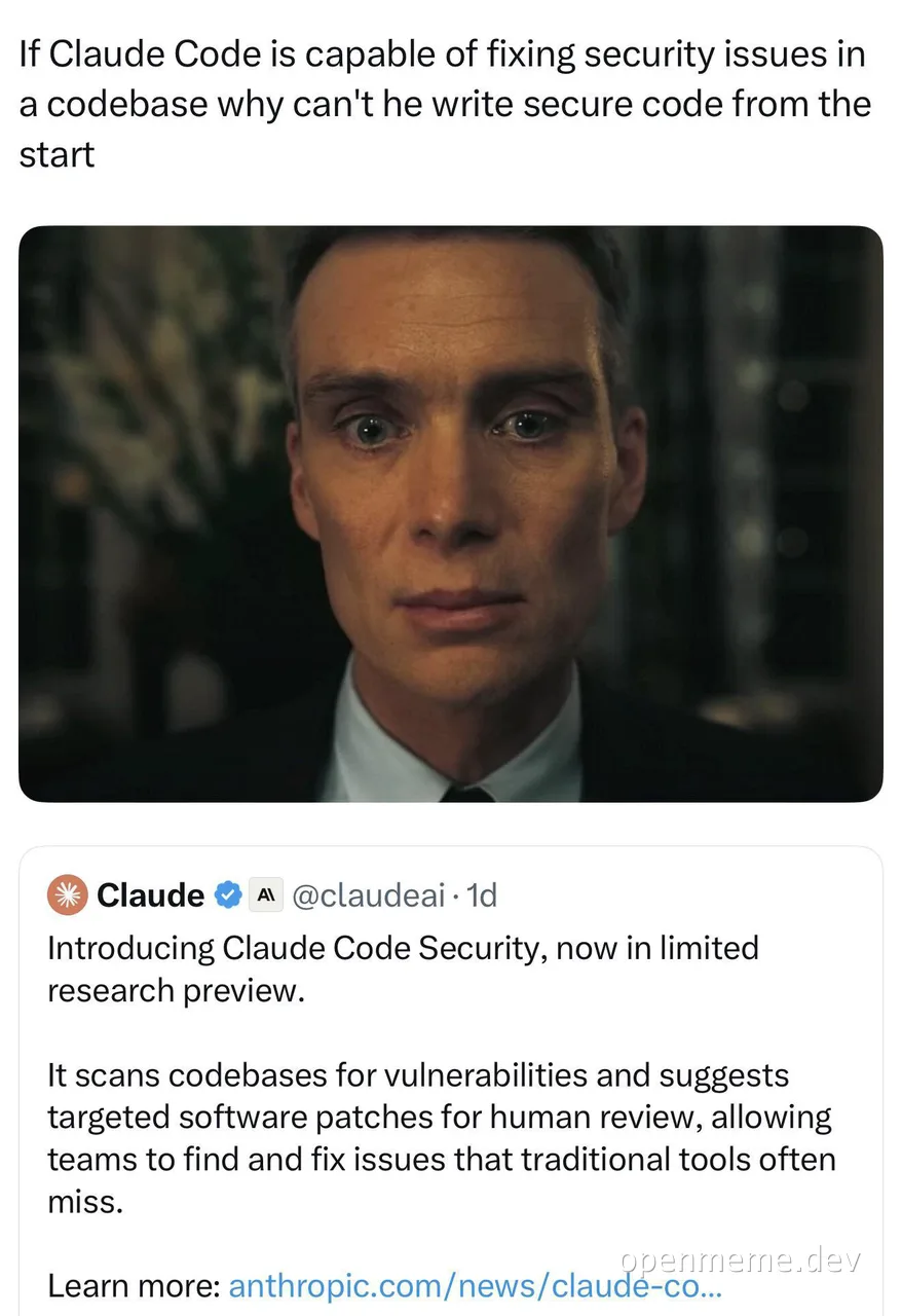 Morpheus from The Matrix with a caption about Claude Code Security
