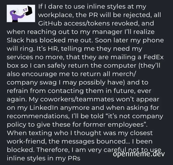 overly cautious developer avoiding inline styles
