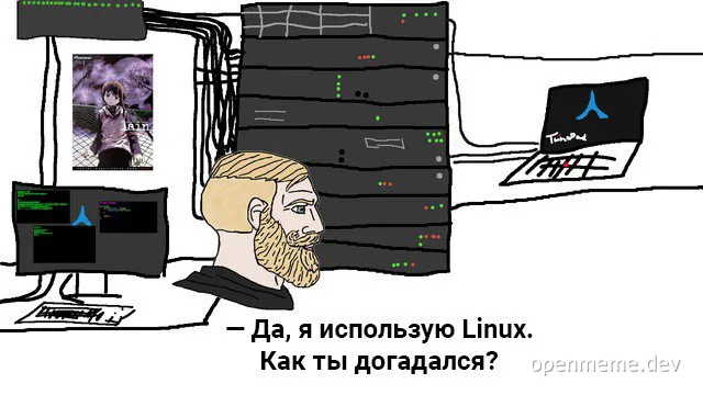 Cartoon of a man with blond hair and a beard in front of computer servers and monitors with Linux screens, with a humorous exchange about using Linux.
