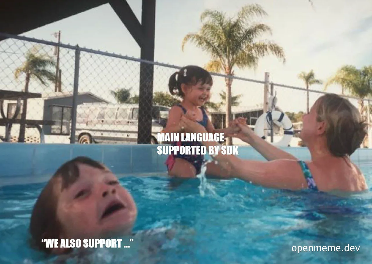 Woman and children in a pool with text about SDK language support