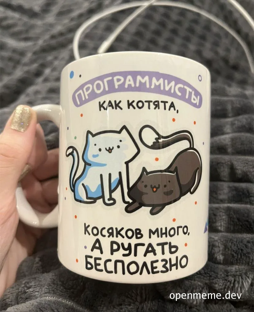 a white mug with a cartoon image of two cats and russian text