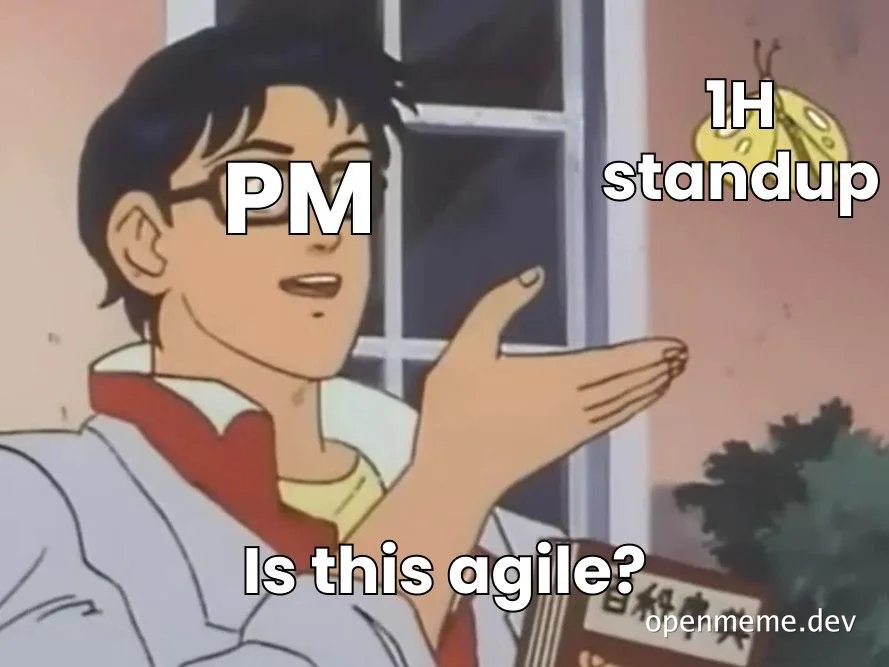 Agile project management meme with anime character questioning 1-hour standup meeting