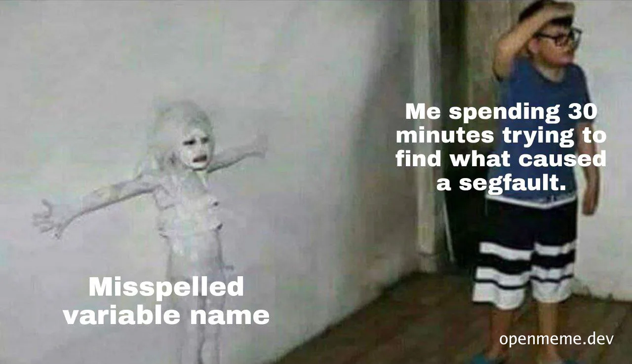 Developer spending 30 minutes searching for segfault cause only to find a misspelled variable name